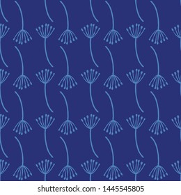 Seamless pattern of white flowers on a blue indigo background. Perfect for fabric, packing, and home decor projects. Vector file.