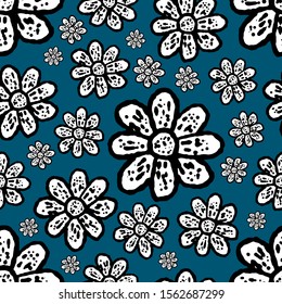 Seamless pattern. White flowers on a blue background. Replaceable colors. Vector drawing. Texture.
