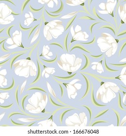 Seamless pattern with white flowers on blue. Vector illustration.