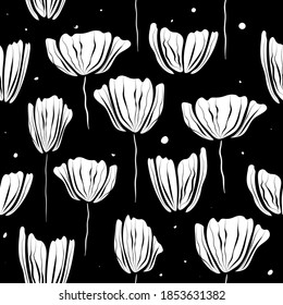 Nahtloses Muster. Weiße Blumen auf schwarzem Hintergrund. Endlose Vektorgrafik.