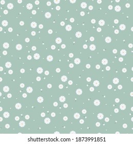 Patrón sin foco Flores blancas sobre el fondo verde Diseño dibujado a mano en estilo de caricatura, uso para imprimir, afiche, papel envolvente, ropa, textiles. Ilustración vectorial.