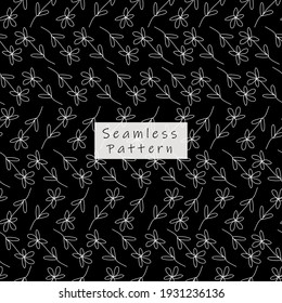 Seamless pattern  White flowers on Black  backdrop Abstract universal repeat design with freehand colors for textiles, wrapping, fashion, print, decor, web,  etc. Vector Illustration in monochrome co