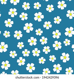 Seamless pattern with white flowers on blue background. Vector illustration