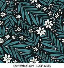 Seamless pattern with white flowers on black background. Vector illustration.