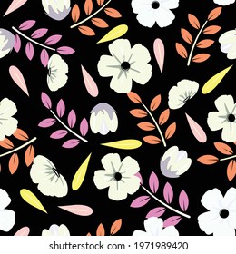 Seamless pattern with white flowers on black background. For textile, paper, packaging, wallpaper. Vector pattern.