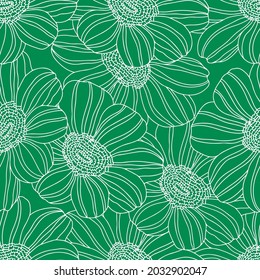 Seamless pattern with white flowers on green background. Fabric print. Vector illustration.