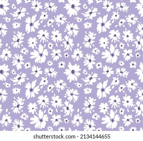 Seamless pattern with white flowers on a purple background. Vector, Fabric, Background