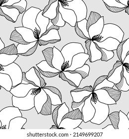 Patrón sin foco con flores blancas sobre fondo gris. Ilustración vectorial. Impresión de tejido. 