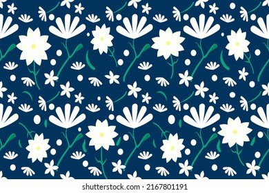 Seamless pattern white flowers on the dark blue background are designed for wallpaper, traditional clothing, carpet, curtain, and home decoration.
