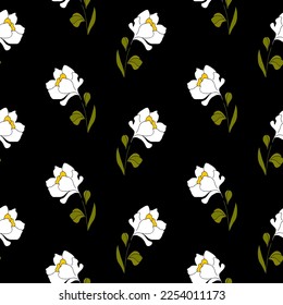 Seamless pattern white flowers on black background for textile, wallpaper, background, cover