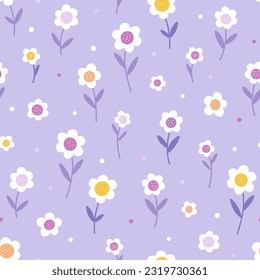 Seamless pattern with white flowers on violet background. Hand drawn texture for print, textile, packaging. Nursery decor.