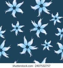  Nahtloses Muster mit weißen Blumen auf marineblarem Hintergrund.