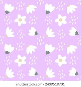 seamless pattern with white flowers on purple background 