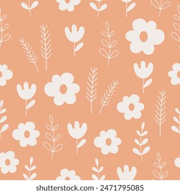 Seamless pattern with white flowers on orange background. Hand drawn floral pattern for your fabric, summer background, wallpaper, backdrop, textile, Dixie style.