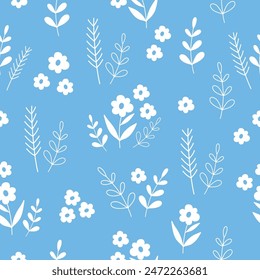 Patrón sin costuras con flores blancas sobre fondo azul. Patrón floral dibujado a mano para su tela, fondo de verano, Fondo de pantalla, fondo, textil, estilo Dixie.