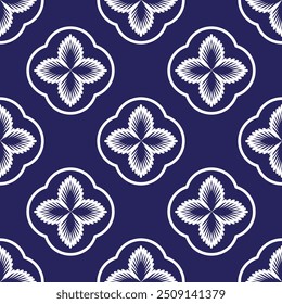 Seamless pattern of white flowers on dark blue background. Designed for printing on fabric, wallpaper, curtains and more.
