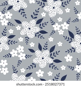 Seamless pattern with white flowers on gray background. Hand drawn floral pattern for your fabric, summer background, wallpaper, backdrop, textile. Vector illustration