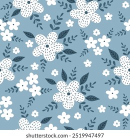 Seamless pattern with white flowers on blue background. Hand drawn floral pattern for your fabric, summer background, wallpaper, backdrop, textile. Vector illustration