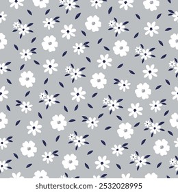 Seamless pattern with white flowers on grey background. Hand drawn floral pattern for your fabric, summer background, wallpaper, backdrop, textile. Vector illustration