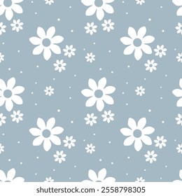 Seamless pattern with white flowers on a blue background.