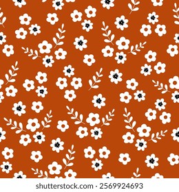 Seamless pattern with white flowers on brown background. Hand drawn floral pattern for your fabric, summer background, wallpaper, backdrop, textile. Vector illustration
