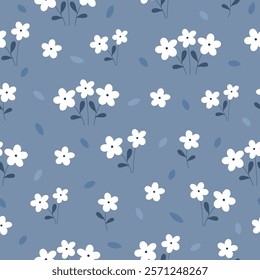 Seamless pattern with white flowers on blue background. Hand drawn floral pattern for your fabric, summer background, wallpaper, backdrop, textile. Vector illustration