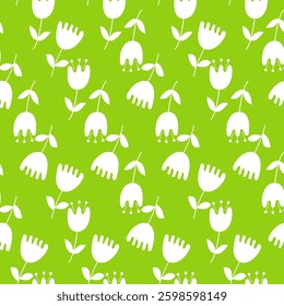Seamless pattern with white flowers on green background, suitable for fabric design.