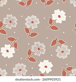Seamless pattern with white flowers on a brown background. Vector illustration.