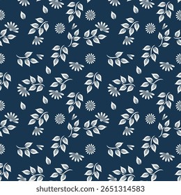 Seamless pattern with white flowers on a dark blue background | Premium Vector design
