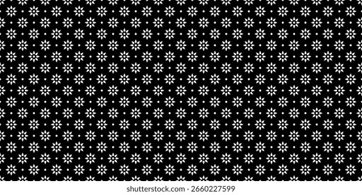 Nahtloses Muster aus weißen Blumen auf schwarzem Hintergrund. Geeignet für textile Muster, Drucke. Geometrisch, Kreise, Tropfen, kreisförmig, einfach, Raster, Ornament. Vektorgrafik