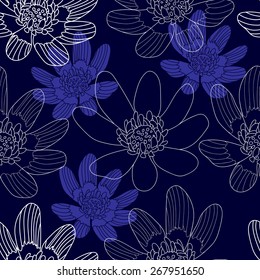 Seamless pattern with white flowers on a blue background