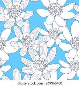 Seamless pattern with white flowers on a blue background. Hand drawn floral texture. Artwork for textiles, fabrics, souvenirs, packaging and greeting cards.