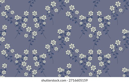 Nahtloses Muster mit weißen Blumen auf dunkelblauem Hintergrund.