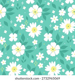 Padrão sem emenda com flores brancas em um fundo turquesa. Gráficos vetoriais.