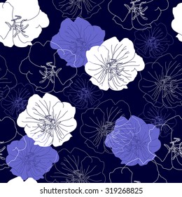 Seamless pattern with white flowers on a blue background. Hand drawn artwork for textiles, fabrics, souvenirs, packaging and greeting cards.