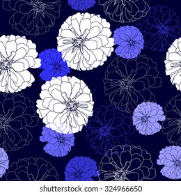 Seamless pattern with white flowers on a blue background. Hand drawn artwork for textiles, fabrics, souvenirs, packaging and greeting cards.