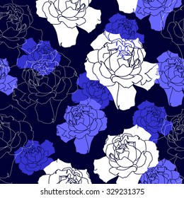 Seamless pattern with white flowers on a blue background. Hand drawn artwork for textiles, fabrics, souvenirs, packaging and greeting cards.