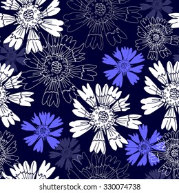 Seamless pattern with white flowers on a blue background. Hand drawn artwork for textiles, fabrics, souvenirs, packaging and greeting cards.