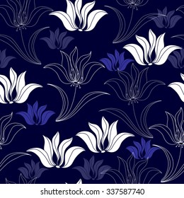 Seamless pattern with white flowers on a blue background