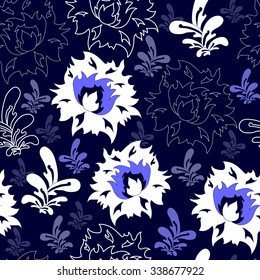 Seamless pattern with white flowers on a blue background