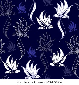 Seamless pattern with white flowers on a blue background