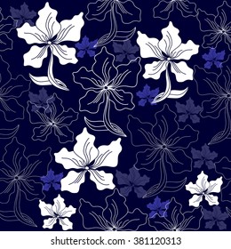 Seamless pattern with white flowers on a blue background