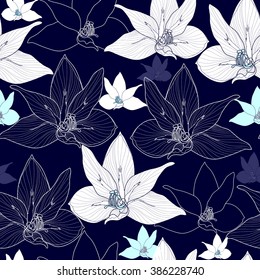 Seamless pattern with white flowers on a blue background