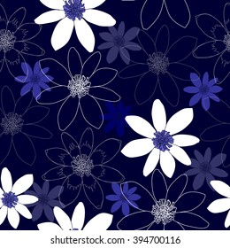 Seamless pattern with white flowers on a blue background