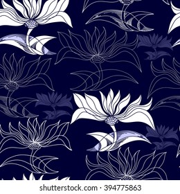 Seamless pattern with white flowers on a blue background