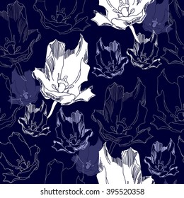 Seamless pattern with white flowers on a blue background