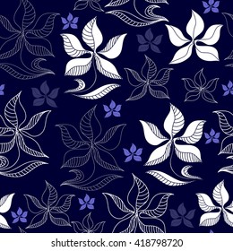 Seamless pattern with white flowers on a blue background. Hand drawn floral texture.