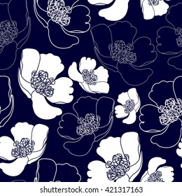 Seamless pattern with white flowers on a blue background. Hand drawn floral texture.