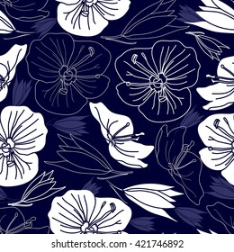 Seamless pattern with white flowers on a blue background. Hand drawn floral texture.