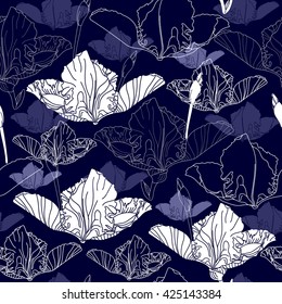 Seamless pattern with white flowers on a blue background. Hand drawn floral texture.